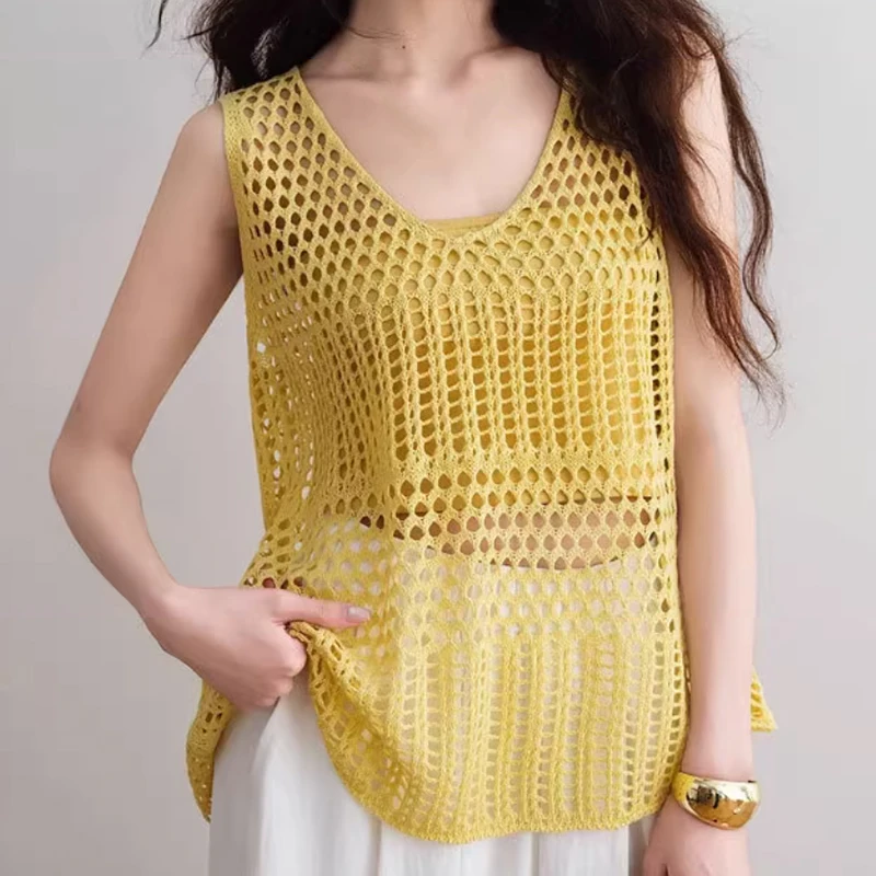 Top da donna all'uncinetto senza maniche scollato gilet in maglia traforata canotta da spiaggia copricostume abito estivo Boho per adolescenti - immagine 2