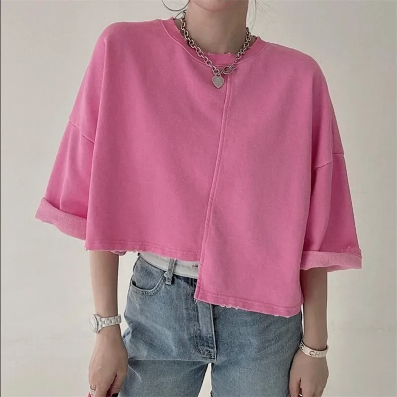 

Korean Chic Summer Pink Black White Blue T Shirt Crop Top Hot Girl Sexy Short Sleeve Irregular Tee Loose Short Bottoming Shirt