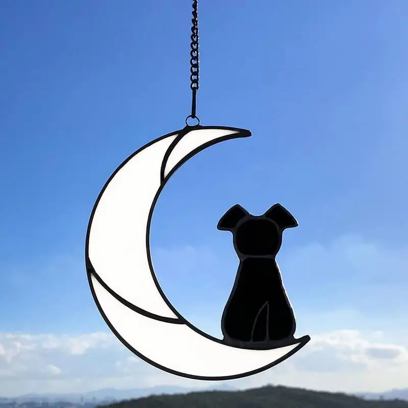 Cute Stained Glass Dog On Moon Hanging Ornament Cute Wall Decor Sun Catcher Ornament Decorazioni Di Halloween Segno Di Benvenuto Goth