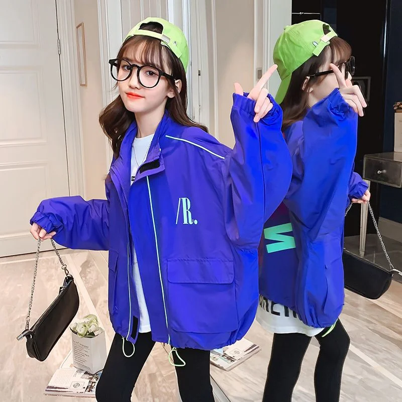 

Girls Coat Jacket Cotton Outwear Windbreak 2023 Blue Spring Autumn Outdoor Teenagers Children's Clothing