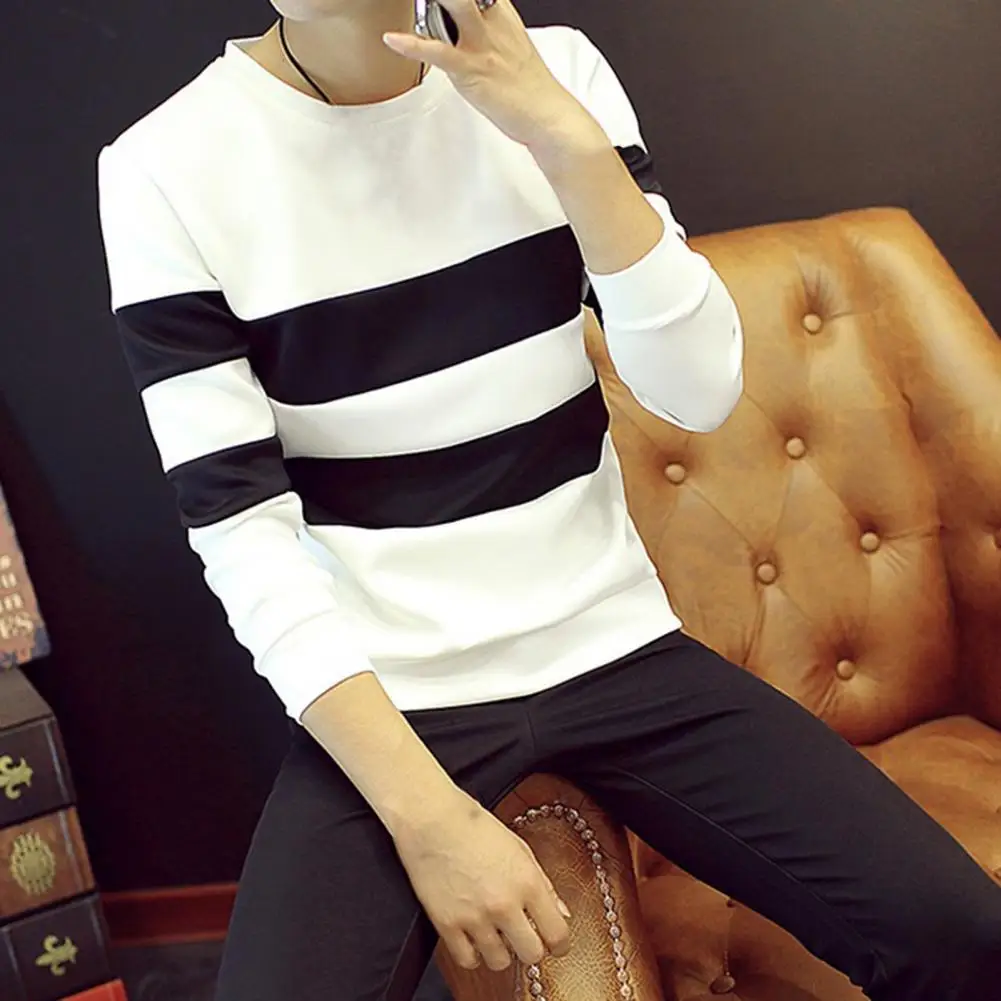 

Lightweight Men Sweatshirt Patchwork Striped Color Casual Sweatshirt Slim Fit Men's Patchwork Striped Crew Neck for Autumn