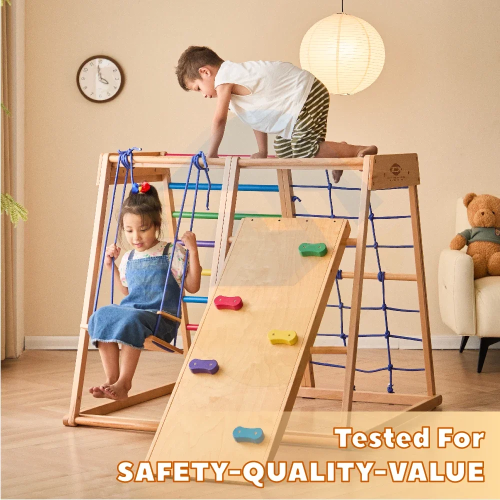 Wooden Rainbow Climbing Frame Indoor Playground Indoors for Kids Activity Climber Ladder Swing Slide Play Structure Set