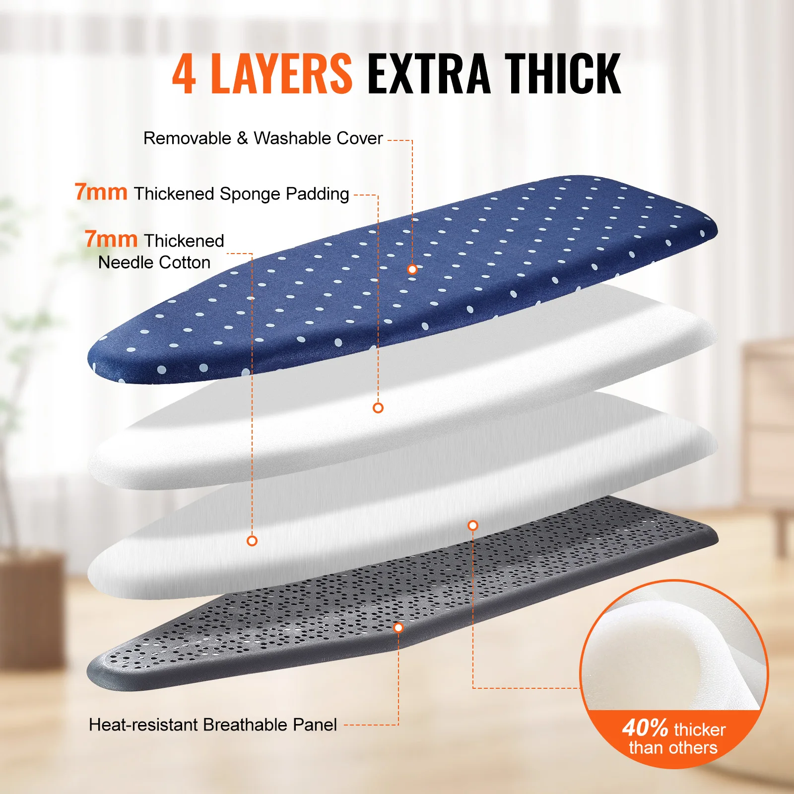 VEVOR plný rozměr žehlení desek 4/3 vrstev topení resistand struktura výškou adjustable&foldable nohama W/ removable&washable obal