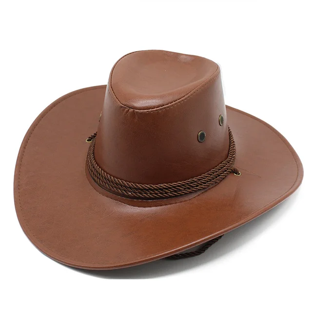 Large Brim Leather Cowboy Hat Flat Top Men's Leaves Printed Felt Wide Brim Bucket Hats Man For Men Women Fedora Swanowing 2