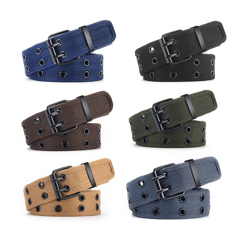 

Men Fashion Double Pin Buckle Belt Soft Cotton Cloth Double Row Holes Waistband Punk Personality Trend Lady Decorative Wide Belt