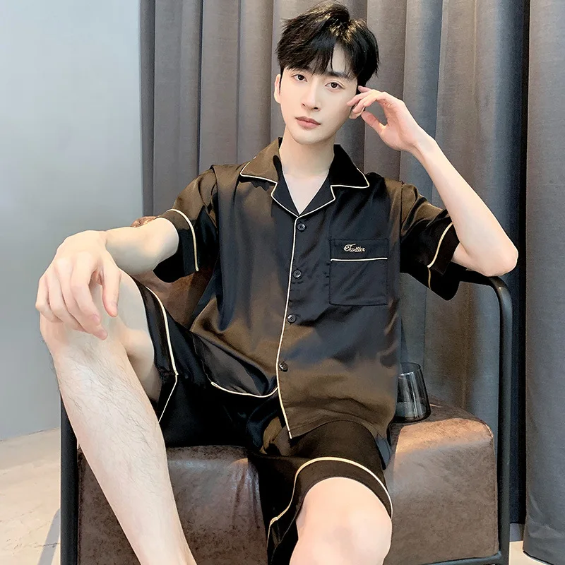 Men's Summer Thin Ice Silk Pajamas Lapel Short Sleeve Shorts Casual Home Clothing Set Comfortable Breathable Sleepwear