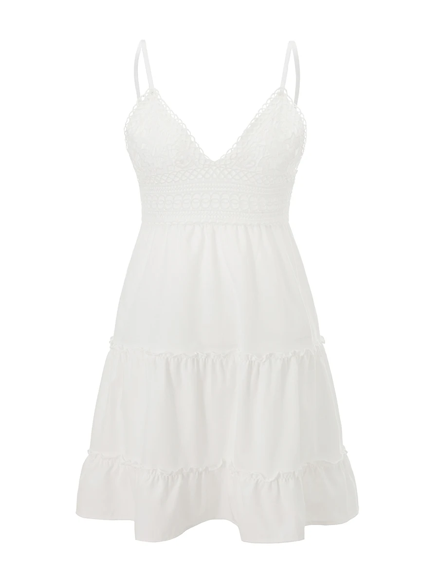 Boho Summer Spaghetti Strap Dress - Embroidered A-Line Backless Ruffled Sling Dress