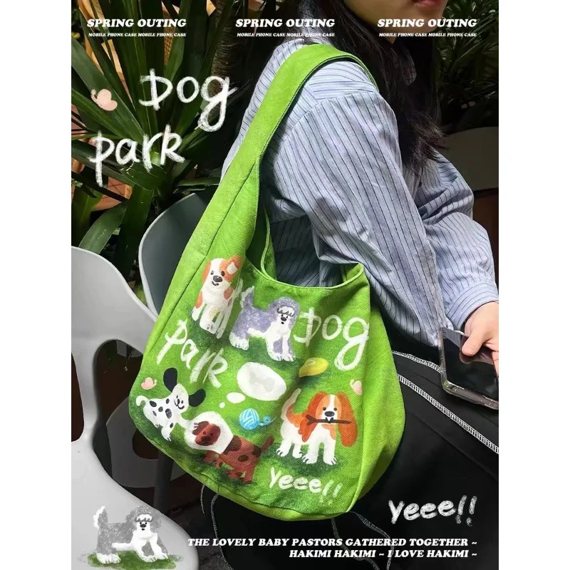 

Новинка 2024, свежая зеленая сумка через плечо для женщин, милые дизайнерские сумки и кошельки с рисунком щенка, женская сумка для книг, женская сумка-тоут