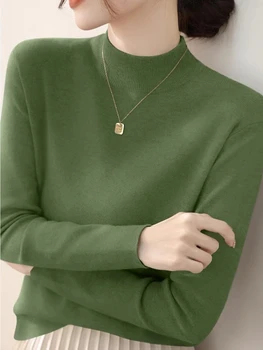 المرأة بلون محبوك البلوفرات الياقة المدورة سترة المرأة 2025 موضة تمتد القمم كم طويل قاعدة طبقة سترة 6