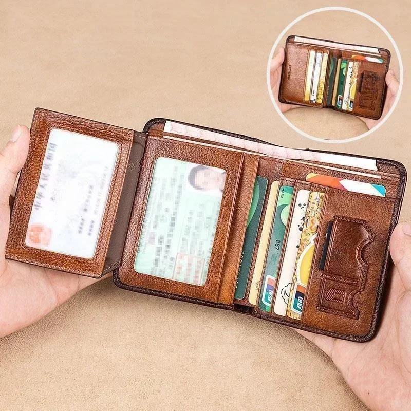 Leather Rfid Blocking Trifold Wallets For Men Vintage Thin Short Multi Function ID Credit Card Holder Money Bag ﻿Purse