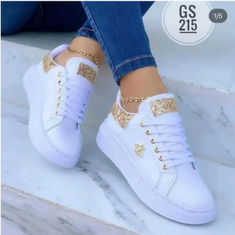 

White Sequins Sneakers Women Bees Thick Bottom Trainers Korean Style Round Head Running Shoes Fall Lace Up Flats Feminino