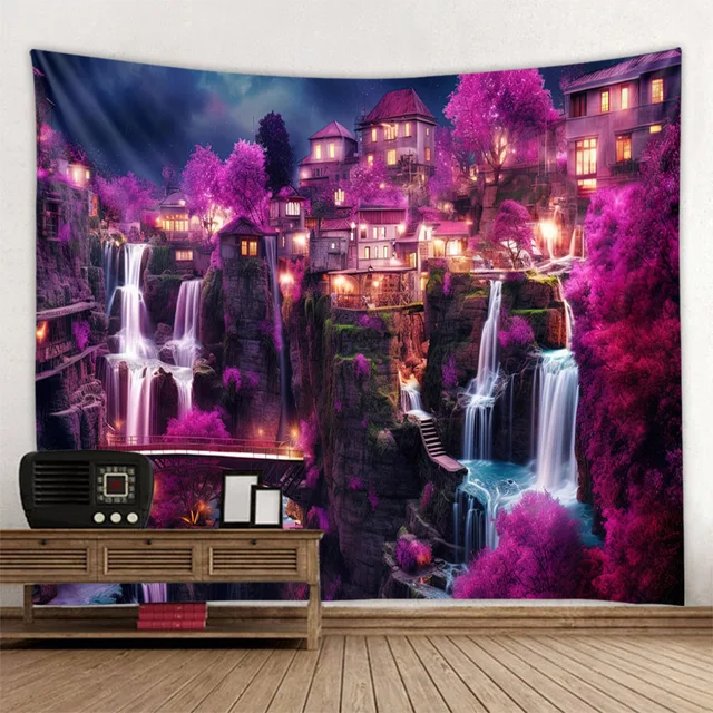 Tapisserie murale suspendue en cascade de rêve colorée, nuit de forêt, paysage de ciel étoilé, décoration de maison, dortoir, salon, chambre à coucher 2