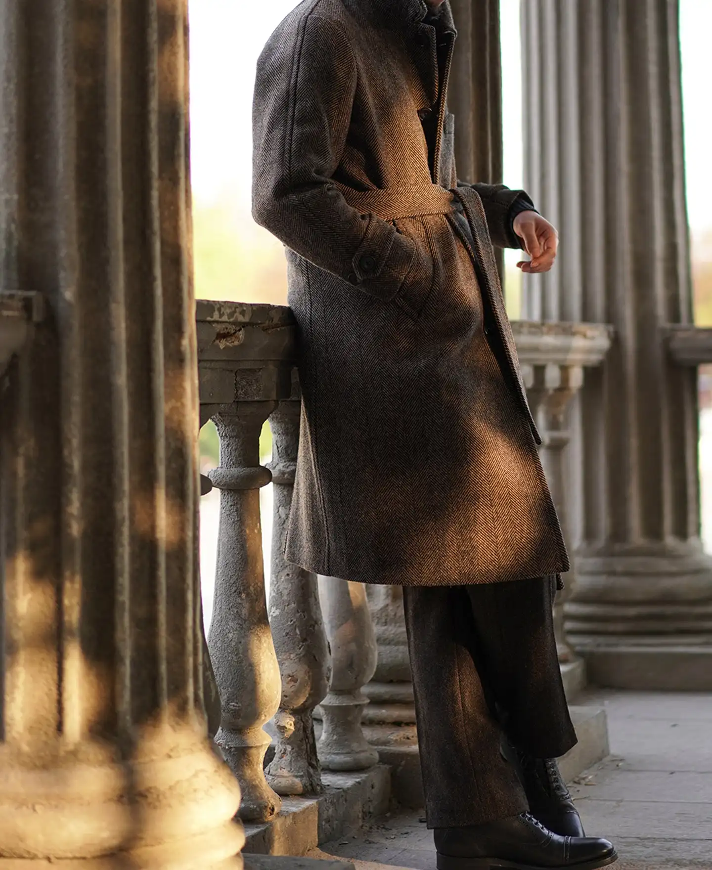 Men's Herringbone Tweed Balmacaan Coat Business Elegant