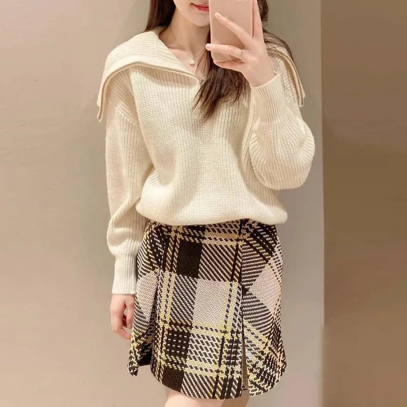 Kuzuwata High Waist Slim Contrast Color Plaid Mini Skirt Kawaii Autumn Winter Japanese Jupe Harajuku Faldas Mujer Moda 2023
