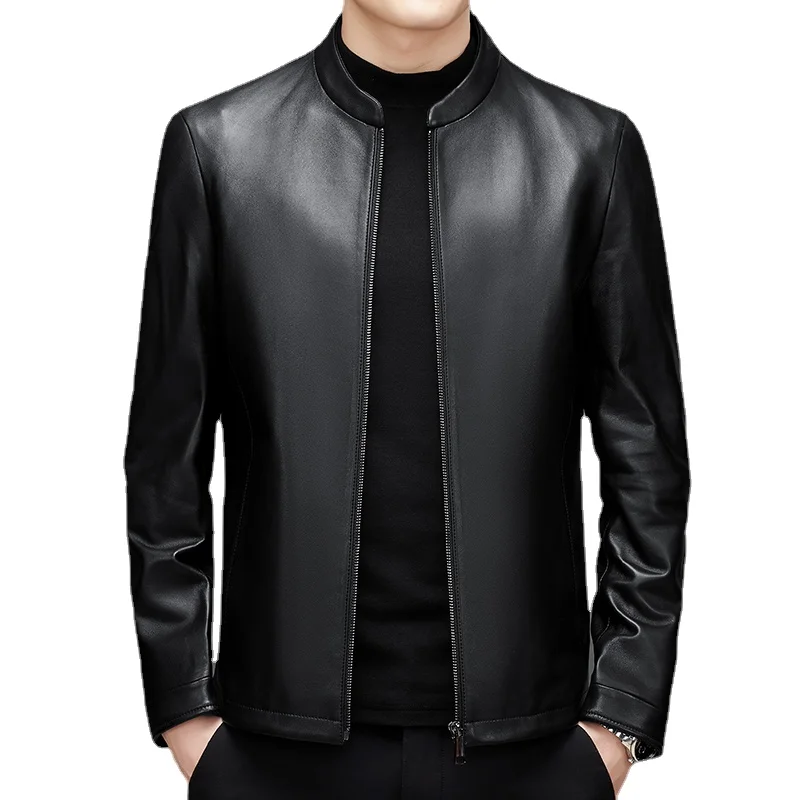 

New Men's Business British Trend Windproof Solid Color British Style Casual Fashion Stand Collar Sheepskin Jacket Leather Jacket