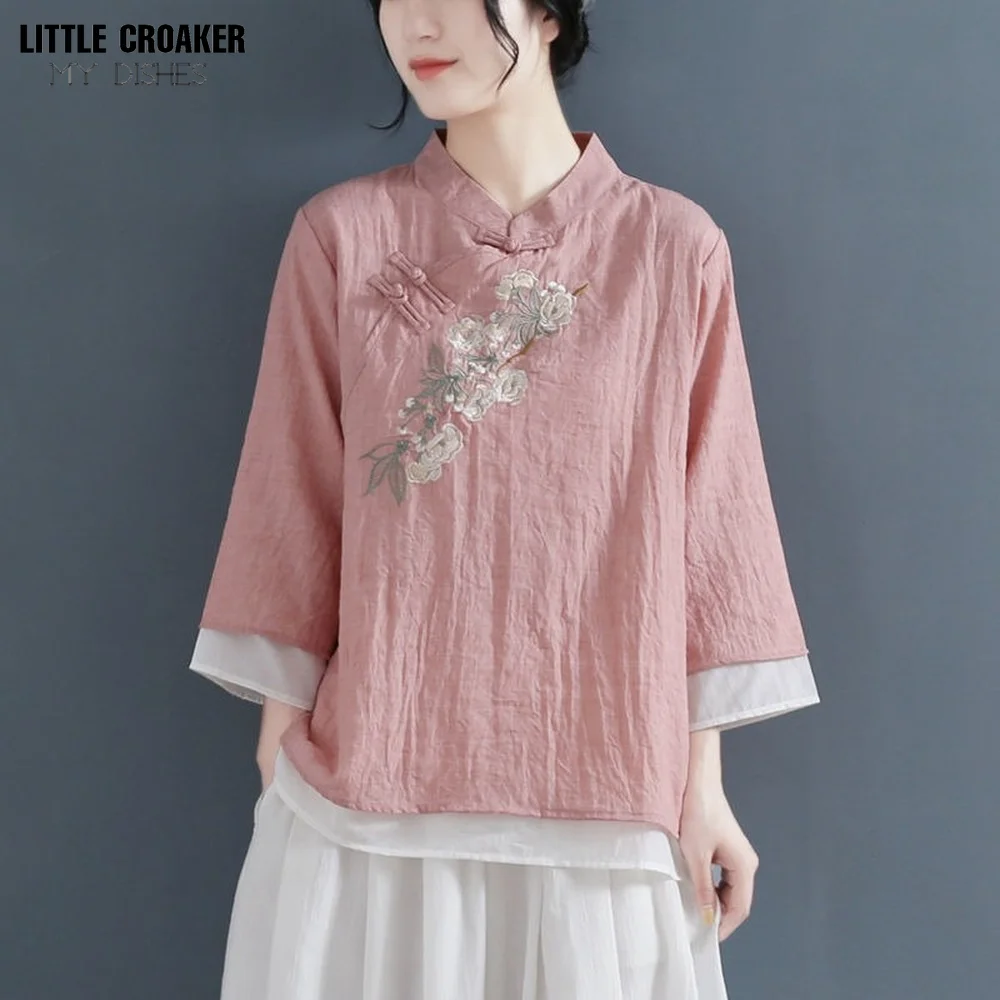 Autumn Double Layers Ladies Cotton Linen Shirt Blouse Chinese Traditional Women's Formal Tang Costume Pink Green White Hanfu Top