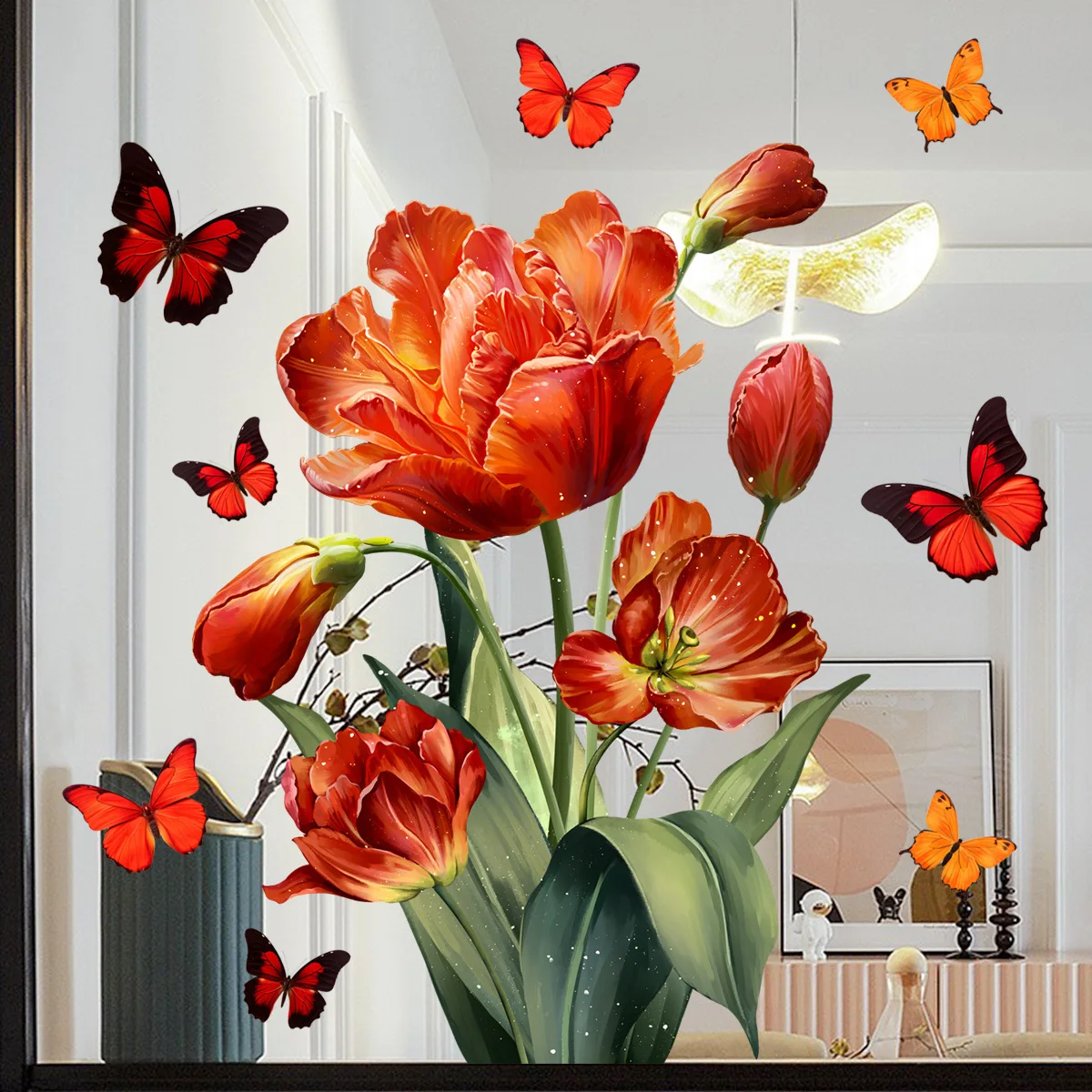 Window Stickers Fresh Floral Orange Tulip Colourful Butterfly Window Cling Static Sticker For Home Office School Shop Window Glass Decor