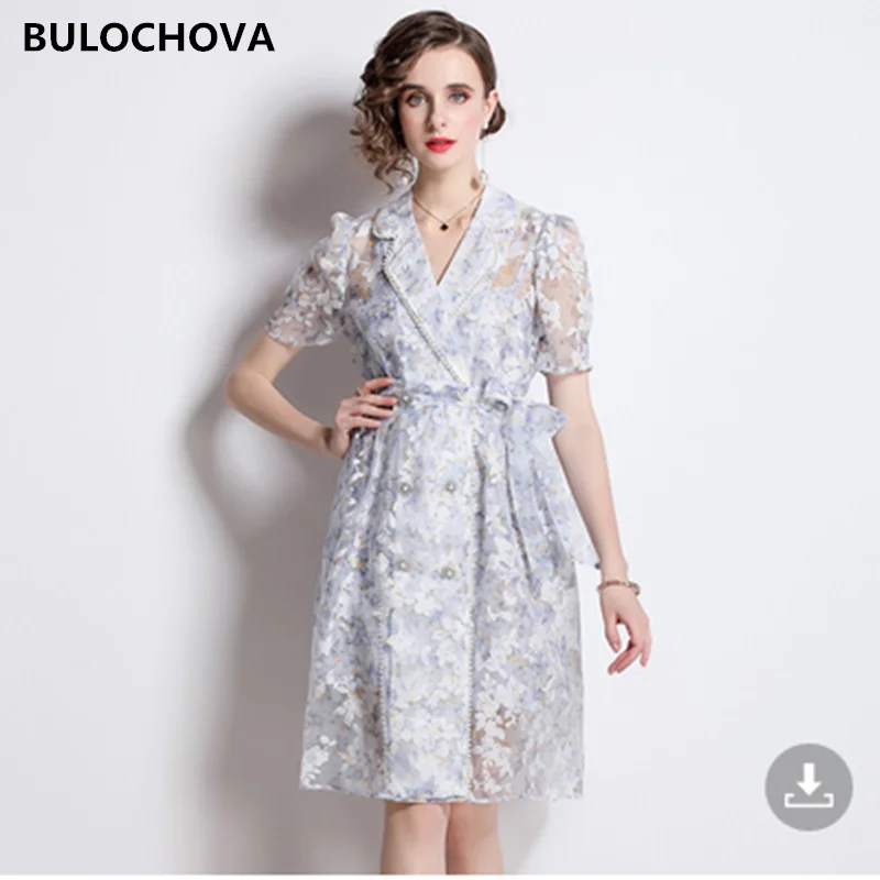 

BULOCHOVA High Quality Runway Designer Mesh Embroidery Knee Length Dress Women Notched Beading Casual Belt Vestidos With Lining
