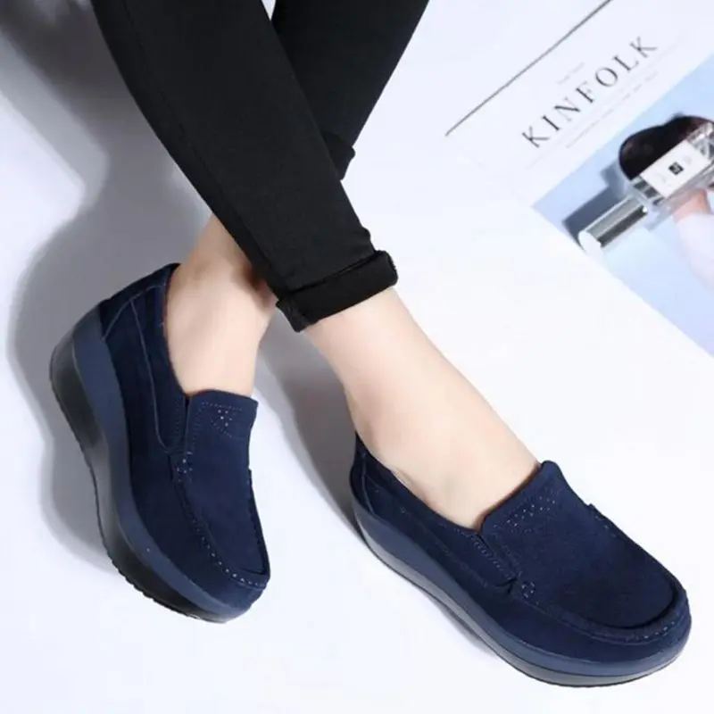 Women Flat Platform Loafers Ladies Elegant Suede Leather Moccasins Shoes Woman Slip On Moccasin Women's Blue Casual Shoes
