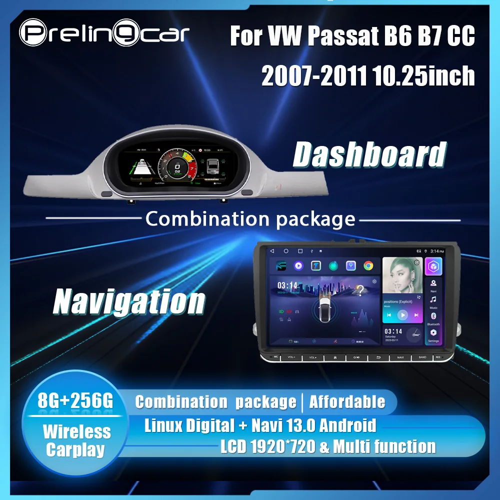 Prelingcar 10.25 Lcd Digital Cluster Dashboard For VW Passat B6 B7 CC 2007-2011 Android Player Radio Navigation Paneel Cockpit