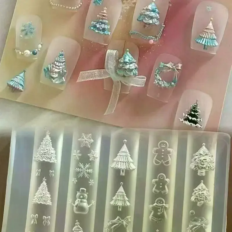 Christmas 3D Silicone Nail Molds - Snowman Tree Elk Gingerbread Man, DIY Manicure Decorations for Salon Home Nail Art Design