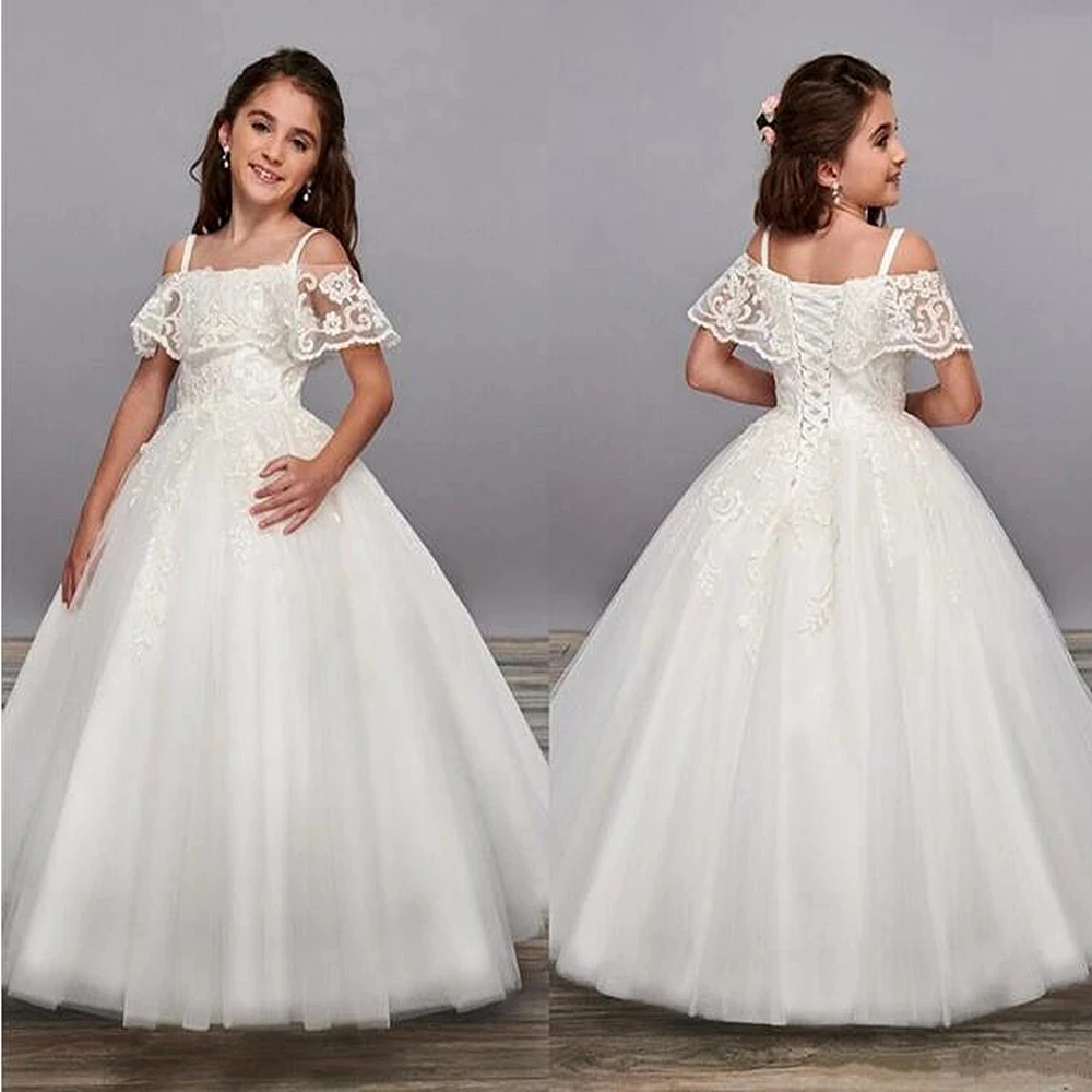 

Party Skirt For Child First Communion Formal Long Lace Princess Ball Gowns Flower Girl Dress Elegant Banquet Clothing Hand Made