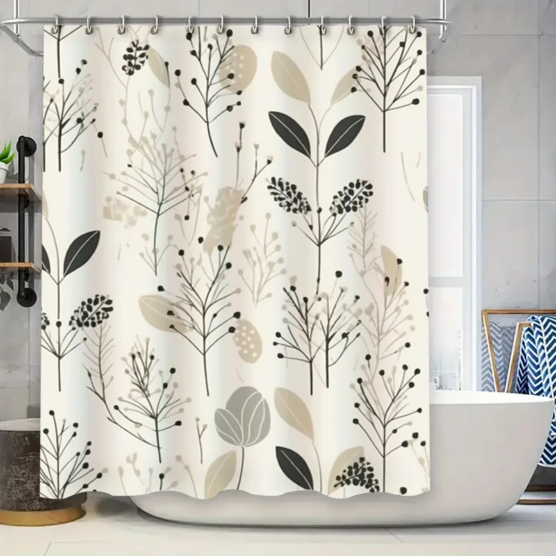 Modernes Badezimmer-Duschvorhang-Set, elegantes Pflanzenmuster, dekorative Duschvorhänge für Badezimmer zu Hause – Farbe Weiß, Schwarz, Beige
