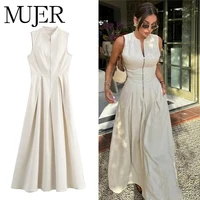 MUJER 2025 Draped Long Dresses for Women Zip Sleeveless Maxi Dress Woman Summer Holiday Womens Dresses Ruched Party Female Dress