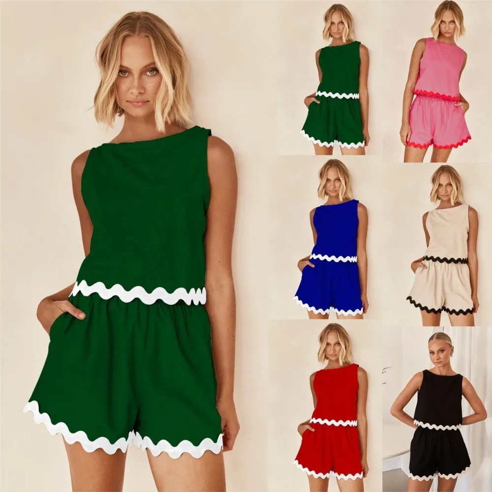 Fashion Wave Stripe Patchwork Shorts Set For Women Causal Solid O Neck Tops Fashion Set Female Summer Holiday Beach 2 Pieces Set