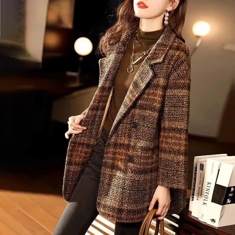 Over Blazer Woman Jacket Dress Clothes Colorblock Long Tweed Loose