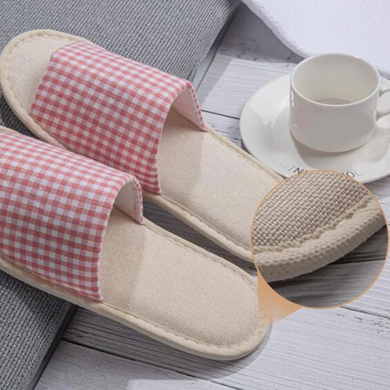 Four Seasons Linen Lattice Disposable Hotel Slippers Non-slip Home Slippers For Unisex High Quality Washable Guest Slippers