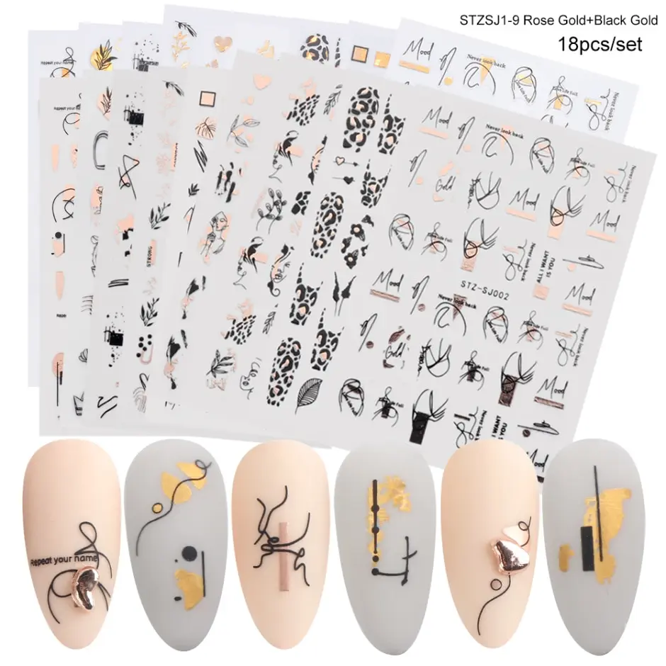 Nail Stickers Set Mixed Designs 3D Holographic Laser Abstract Stripes Flower Leaf Decals Nail Sliders Manicure Decorations 18pcs nail stickers,nail art decoration,nail decals