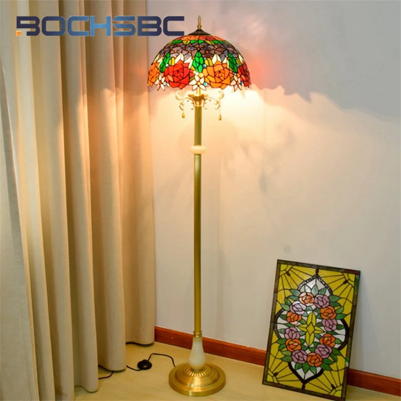 

BOCHSBC Tiffany stained glass floor lamp 16 inch Nordic style brass jade art Deco living room study bedroom Rose standing lamp