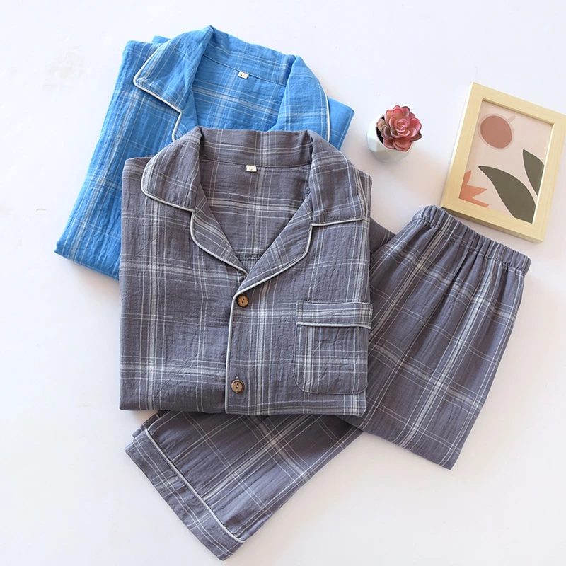 New Woven Double-layer Gauze Home Clothes Long Sleeved Trousers Pajamas Men Pure Cotton Home Clothes Plaid Two Piece Set Spring mens pjs set
