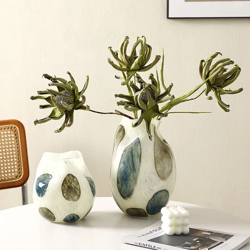Blue and Green Markings Grid Spot Glass Vase Pebble Flower Vase Floral Arrangement Accessories Terrarium Home Decoration 2