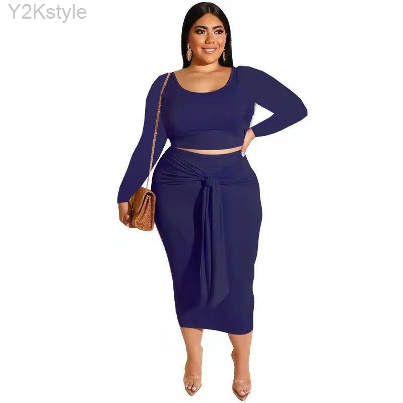 

Dresses For Women 2023 Fat Sisters Plain Color Loose Traf Suit Thickened U Collar Long Sleeve Lace Up Zevity Skirt Two-piece Set