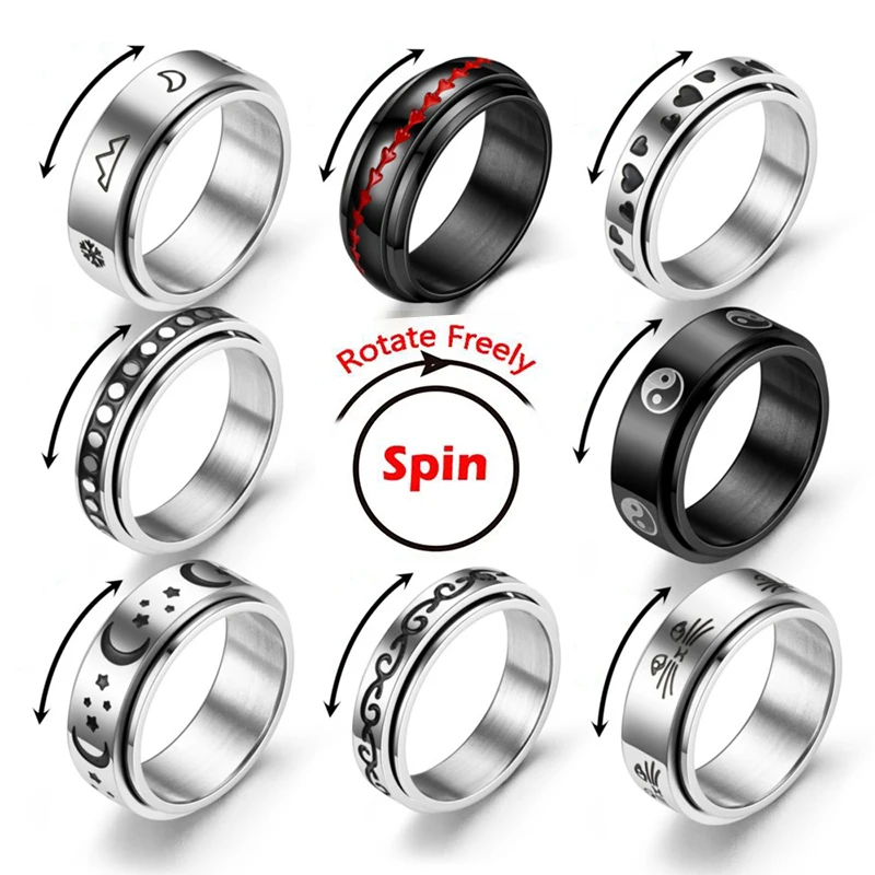 Anxiety Ring For Women Men Moon Fidgets Rings Trend Punk Rings y2k Charm Jewelry Stainless Steel Anti Stress Ring Rotate Gift nuobing simple 2 4 6mm stainless steel wedding rings golden smooth women men couple ring fashion charm jewelry gift