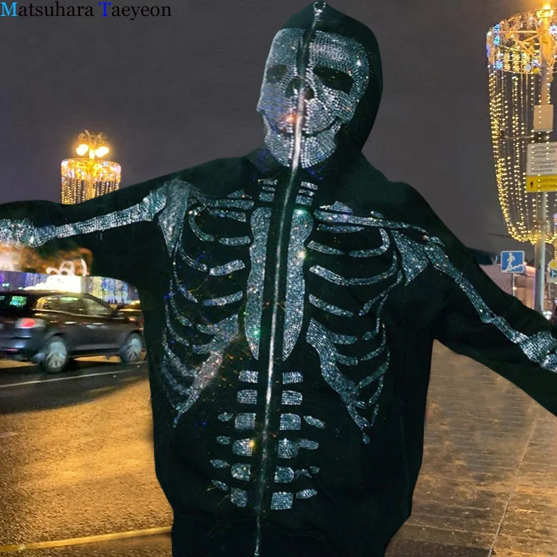 Rhinestone Skeleton Zip Hoodie Y2k | Black Rhinestone Skeleton Hoodie -  Hoodie Black - Aliexpress