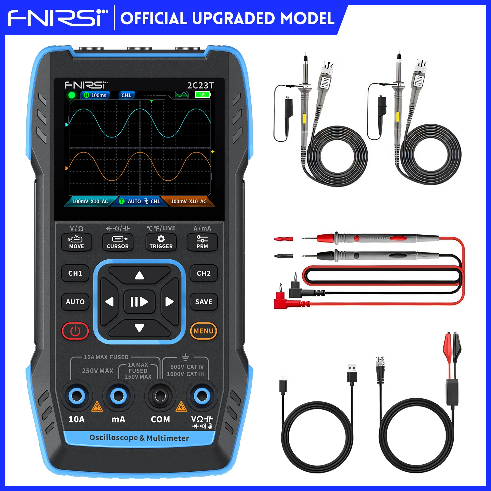 Digital Multimeter Digital Oscilloscope Signal Generator Digital Tester FNIRSI 2C23T PLUS 3IN1 Dual Channel Digital Oscilloscope Multimeter Signal Generator 10MHZ*2 50MS/s AC DC 1000V 10A T-RMS