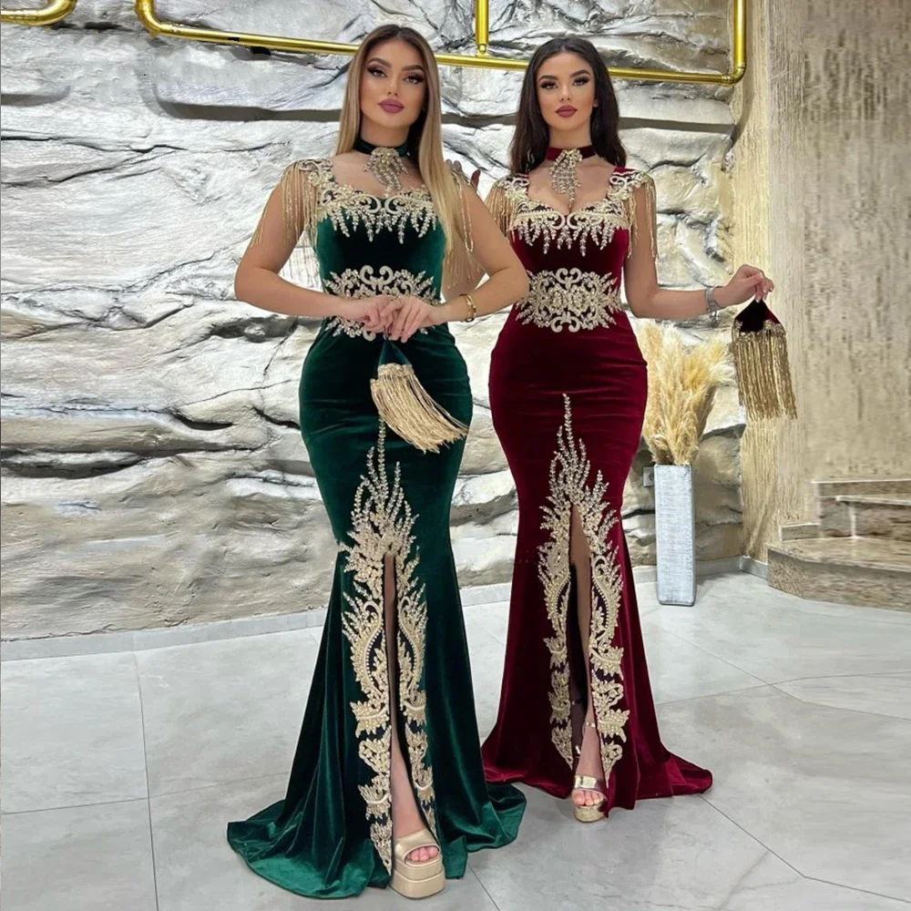 

2023 Elegant Dubai Arab Evening Dresses High Neck Short Sleeve Applique Gold Lace Mermaid Prom Dress Split Cafe Party Dresses