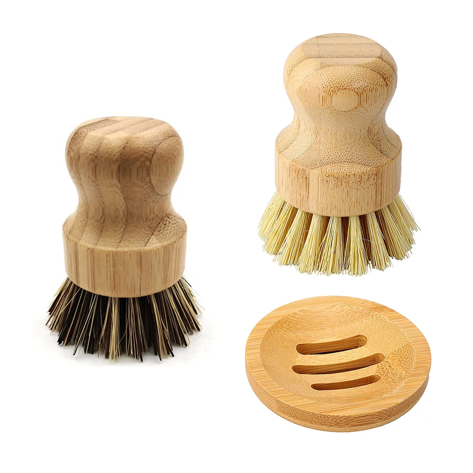 Bamboo Dish Scrub Brush Soap Dish Kitchen Wooden Dish Scrubber Cleaning Brush for Washing Dish Cast Iron Pan Pot