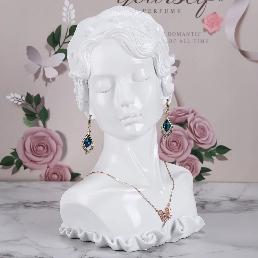 New Resin Necklace Earrings Holder Mannequin Bust Stand Model Shop Jewelry Display Organizer For Young Lady's Head