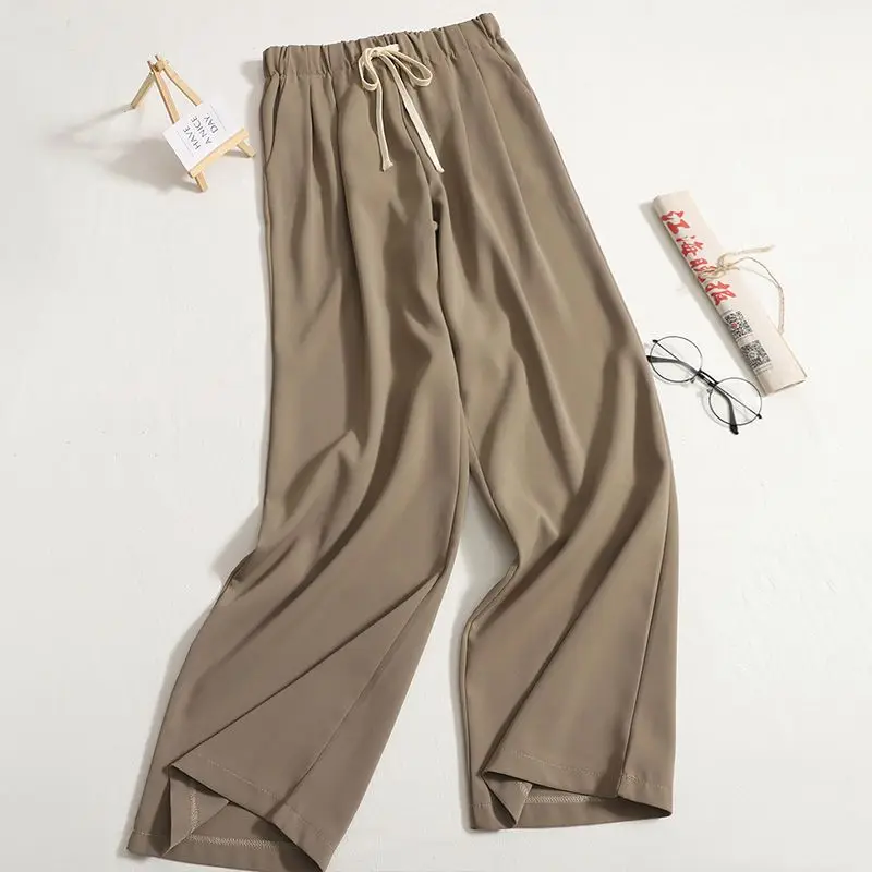 

Women's Large Spring Summer Wide Leg High Waist Fat Sister Drop Feel Solid Straight Loose Casual Khaki Pants Plus Size Clothing
