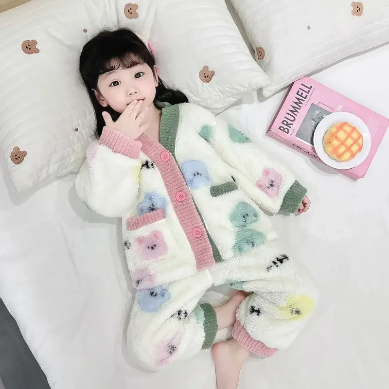 어린이 플란넬 잠옷, 여아 플러스 플리스 가디건, 따뜻한 산호 플리스, 가정 세트 세트, 가을 및 겨울