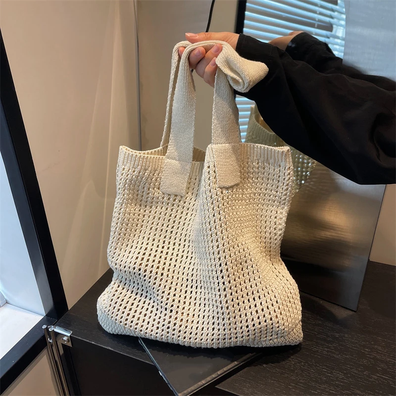 Knitted Large Capacity Handbag Summer Travel Tote Casual Beach Bag Fashion Hollow Design Woven Women Shoulder Bag