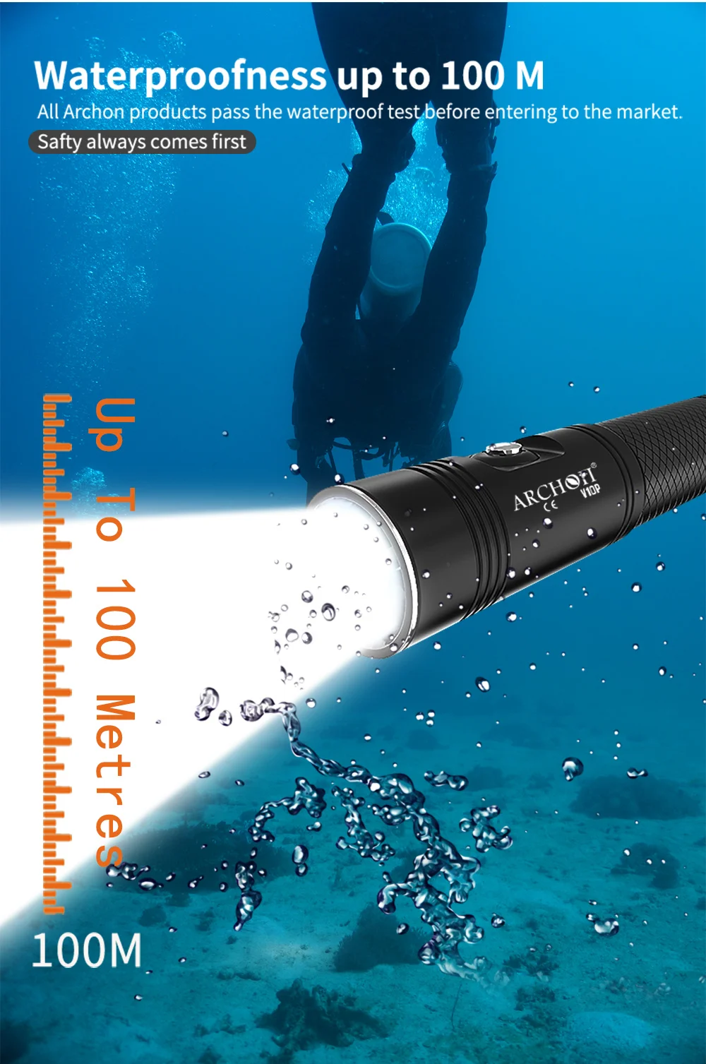 marine underwater lights ARCHON V10P 1400 Lumen Recharge Diving Flashlight CREE LED Flashlight Diving Torch Underwater Dive Light Fill Light Strobe Lamp swimming pool lights underwater