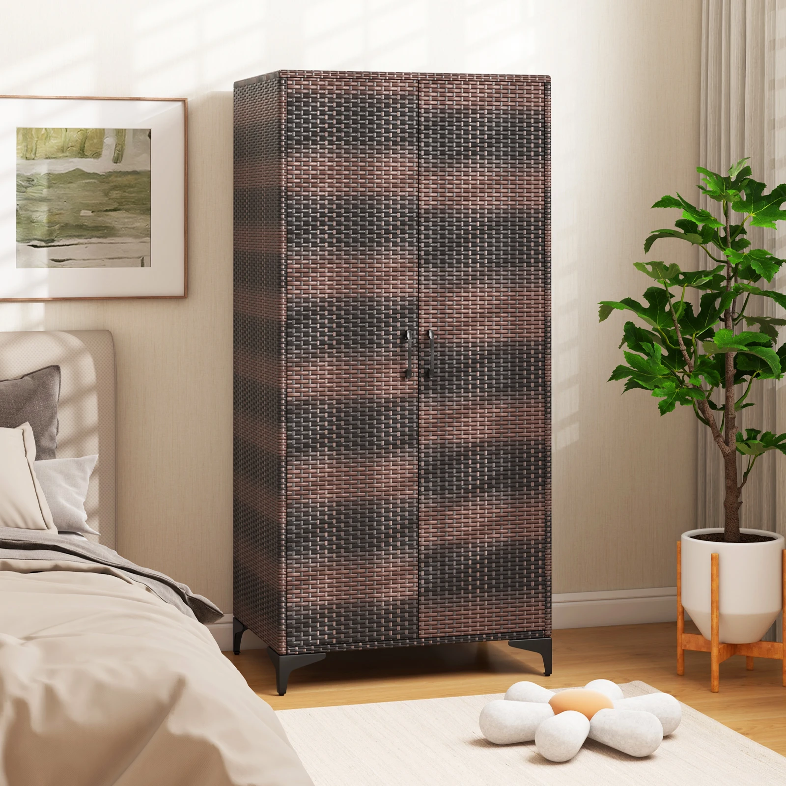 Gartenschrank Rattan, Aufbewahrungsschrank Outdoor mit Hängelstange & 2 Türen, wetterfester Terrassenschrank, Rattanschrank – Detail 1