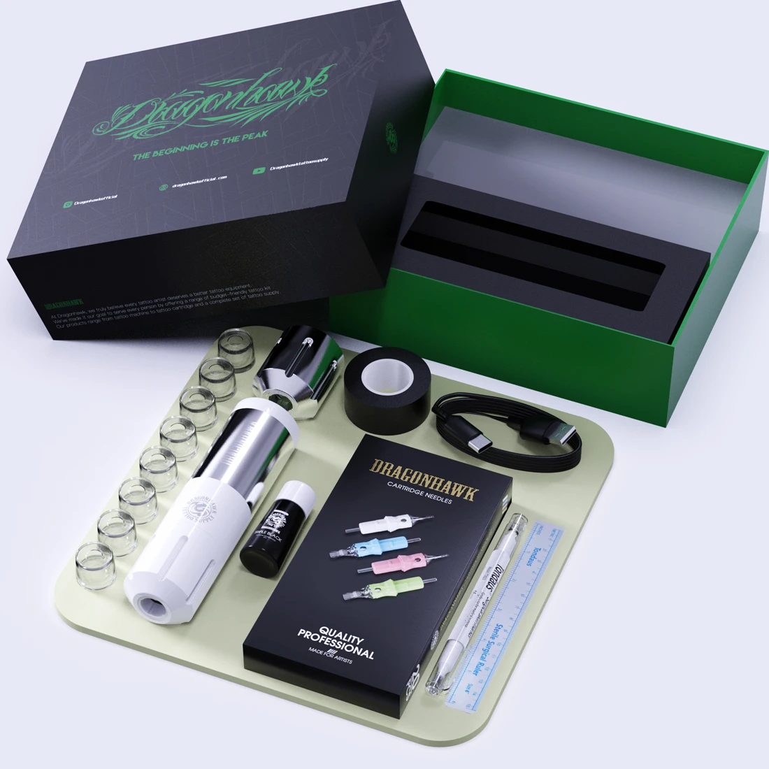 Dragonhawk Wireless Battery Rotary Tattoo Machine Kit with Ballpoint Cartridges Silicone Skull Practice Pigment Set for Beginner