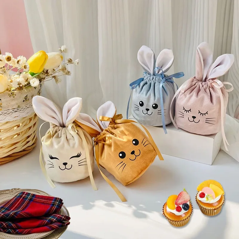 1-40PCS Bunny Gift Packing Rabbit Ears Cute Gift Bag Storage Bag Valentine's Day Candy Ribbon Drawstring Bundle Jewelry