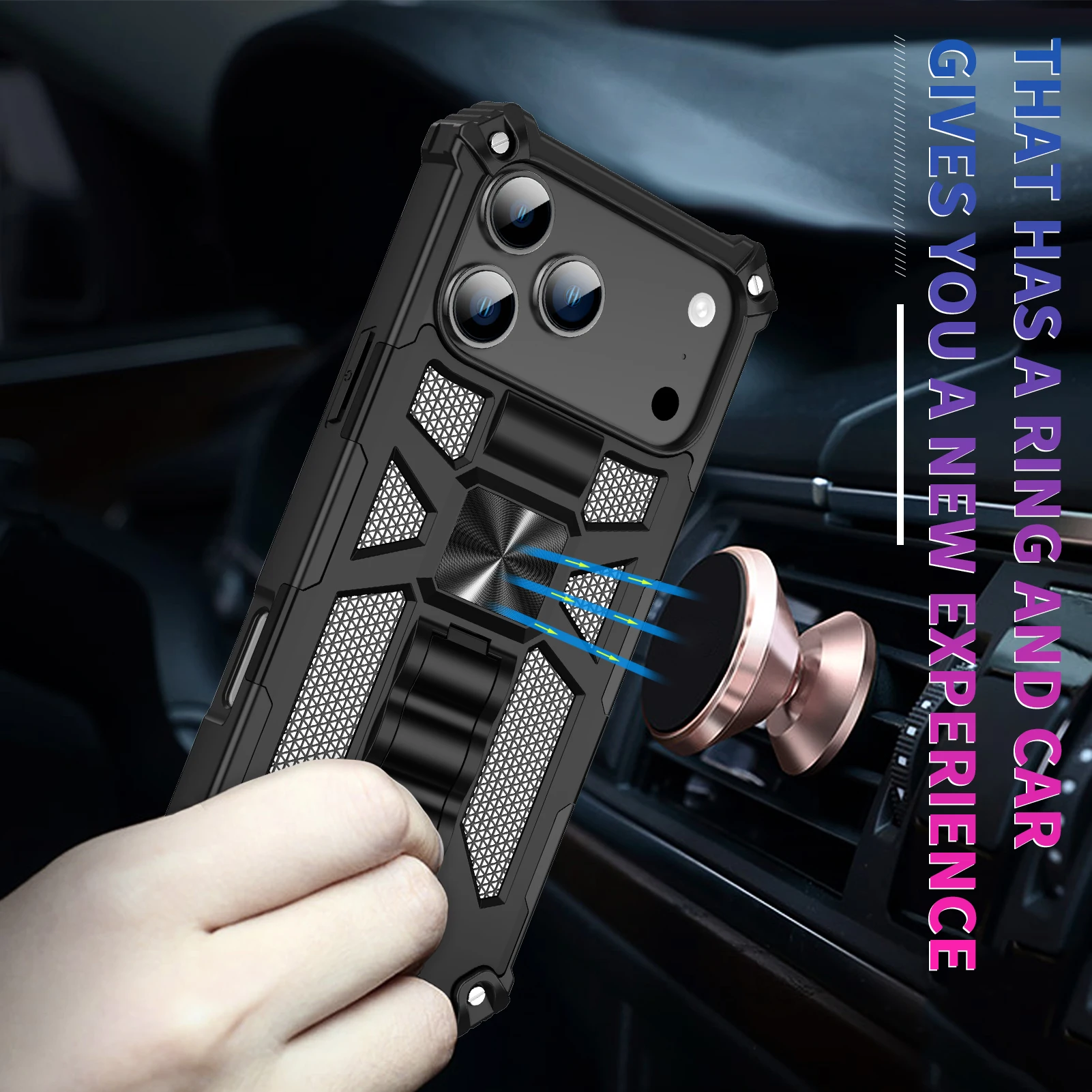Rugged Shockproof Phone Case with Armor Fold Stand & Car Holder